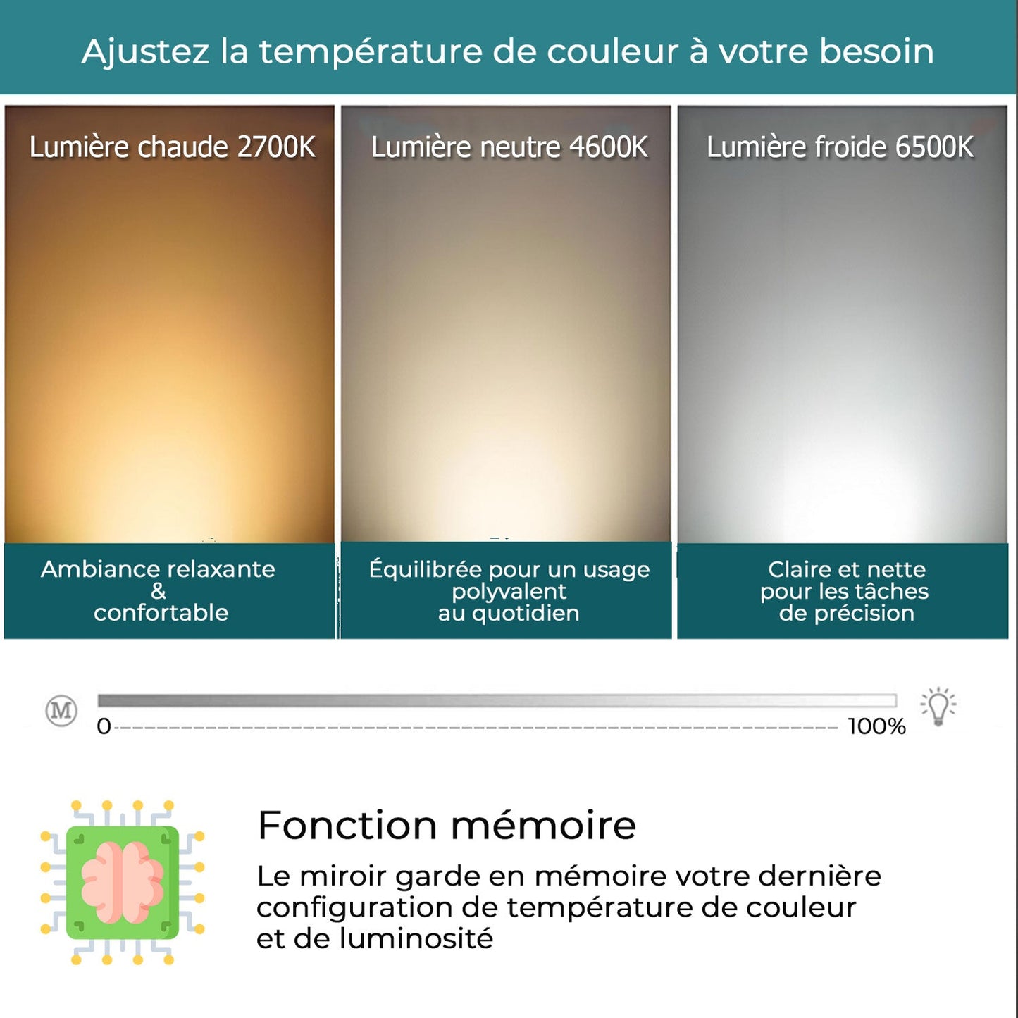 Miroir LED avec hauts parleurs Bluetooth intégrés pour salle de bain luminosité réglable