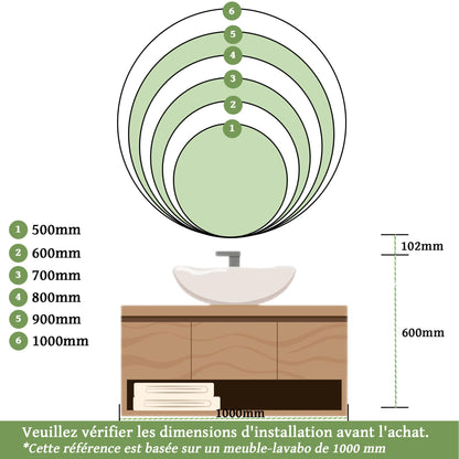 Miroir rond antibuée avec lumière LED à Luminosité réglable - 2 boutons tactiles
