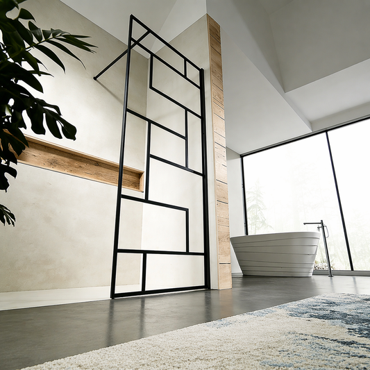 Paroi de douche à sérigraphie moderne avec barre de fixation 90 cm en alu noir