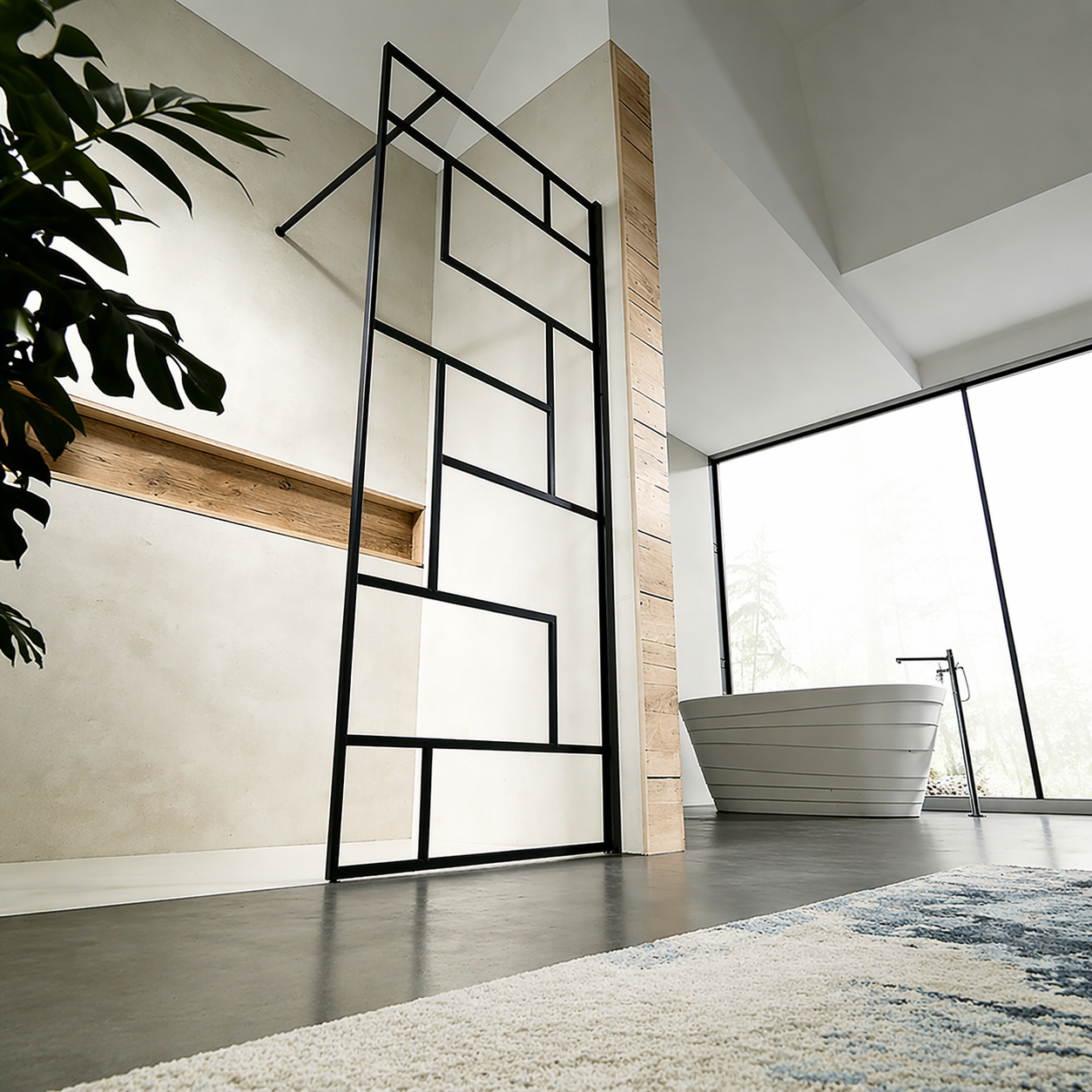 Paroi de douche à sérigraphie noire barre de stabilisation 140cm en alu noir mat