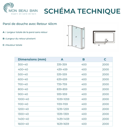 Paroi de douche avec volet pivotant - Barre de fixation extensible 73-120cm en Alu Chromé
