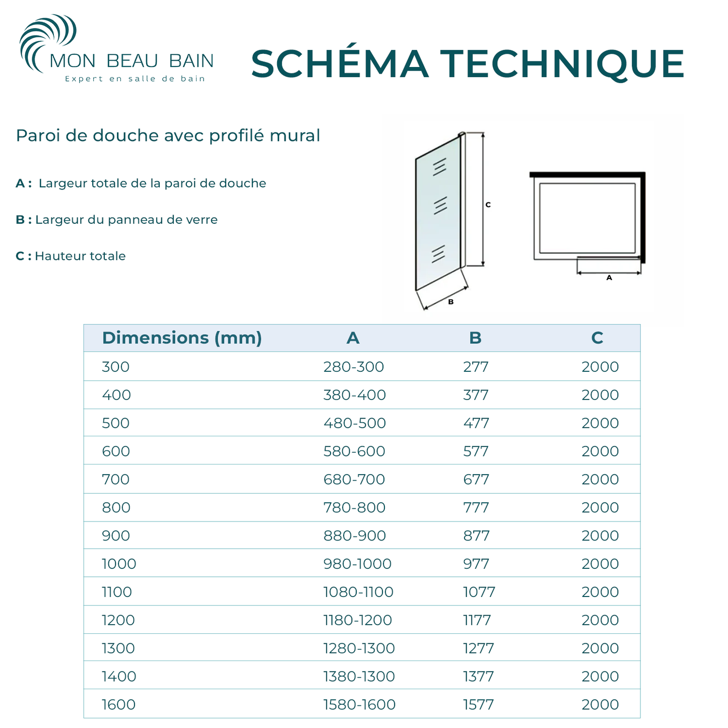 Paroi de douche Italienne avec profilé mural et barre de fixation extensible 73-120cm  en alu chromé