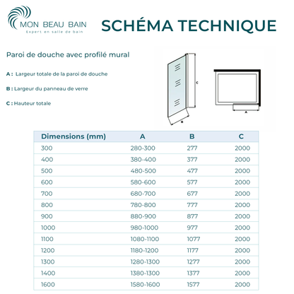 Paroi de douche à sérigraphie moderne avec barre de fixation 90 cm en alu noir