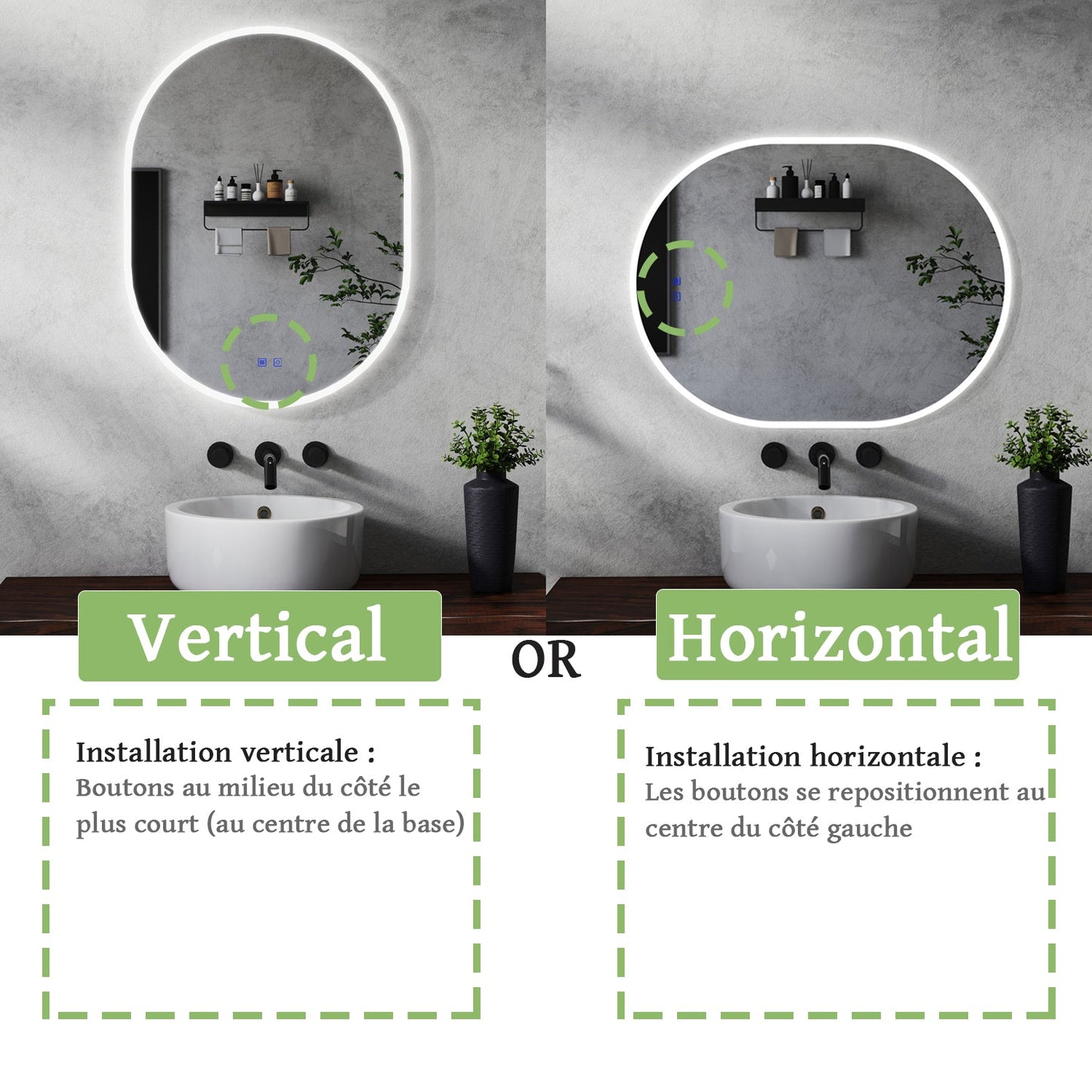 Miroir ovale réversible avec éclairage LED à luminosité dimmable lumière 2800K-6000K