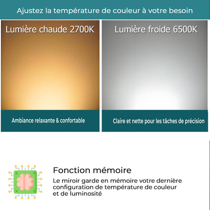 Miroir LED avec zone grossissante X3 et horloge digitale pour salle de bain