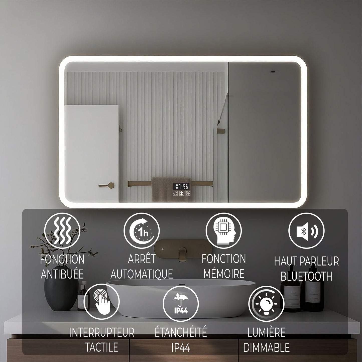 Miroir LED avec hauts parleurs Bluetooth intégrés pour salle de bain luminosité réglable