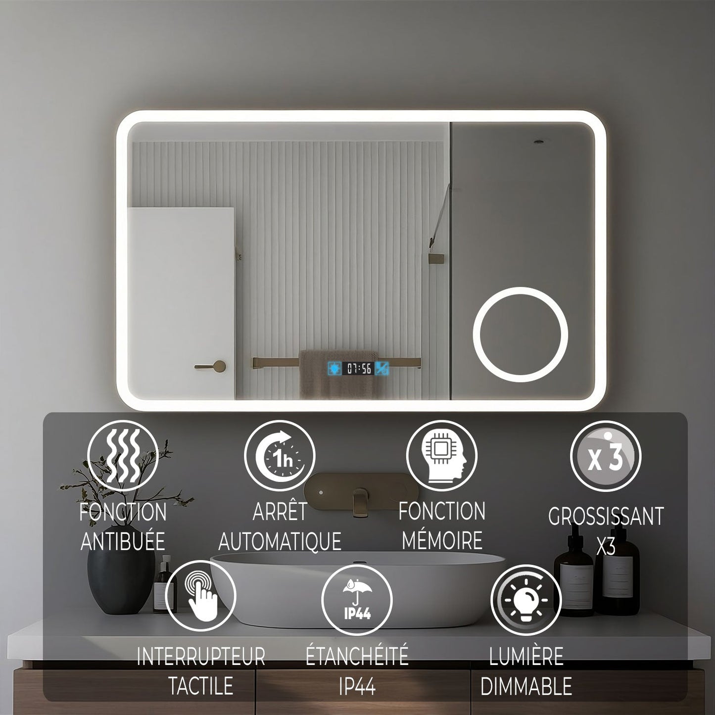 Miroir LED Salle de bain avec horloge digitale - Lumière réglable