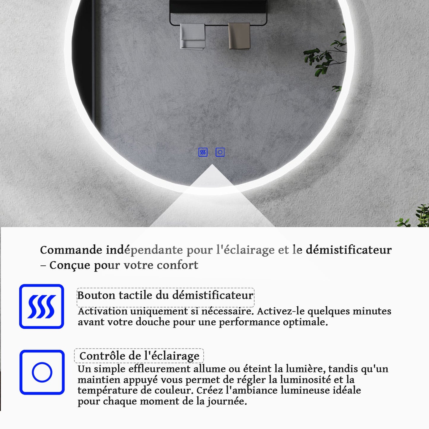 Miroir rond antibuée avec lumière LED à Luminosité réglable - 2 boutons tactiles