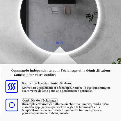 Miroir rond antibuée avec lumière LED à Luminosité réglable - 2 boutons tactiles
