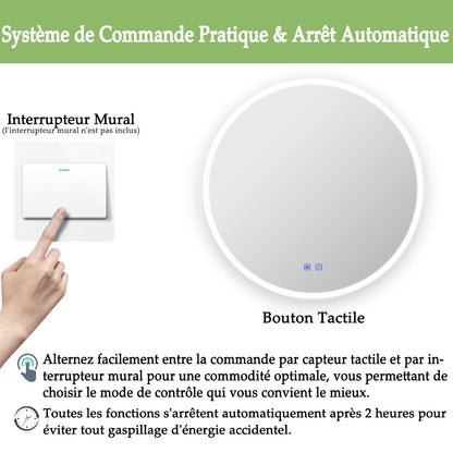 Miroir rond antibuée avec lumière LED à Luminosité réglable - 2 boutons tactiles