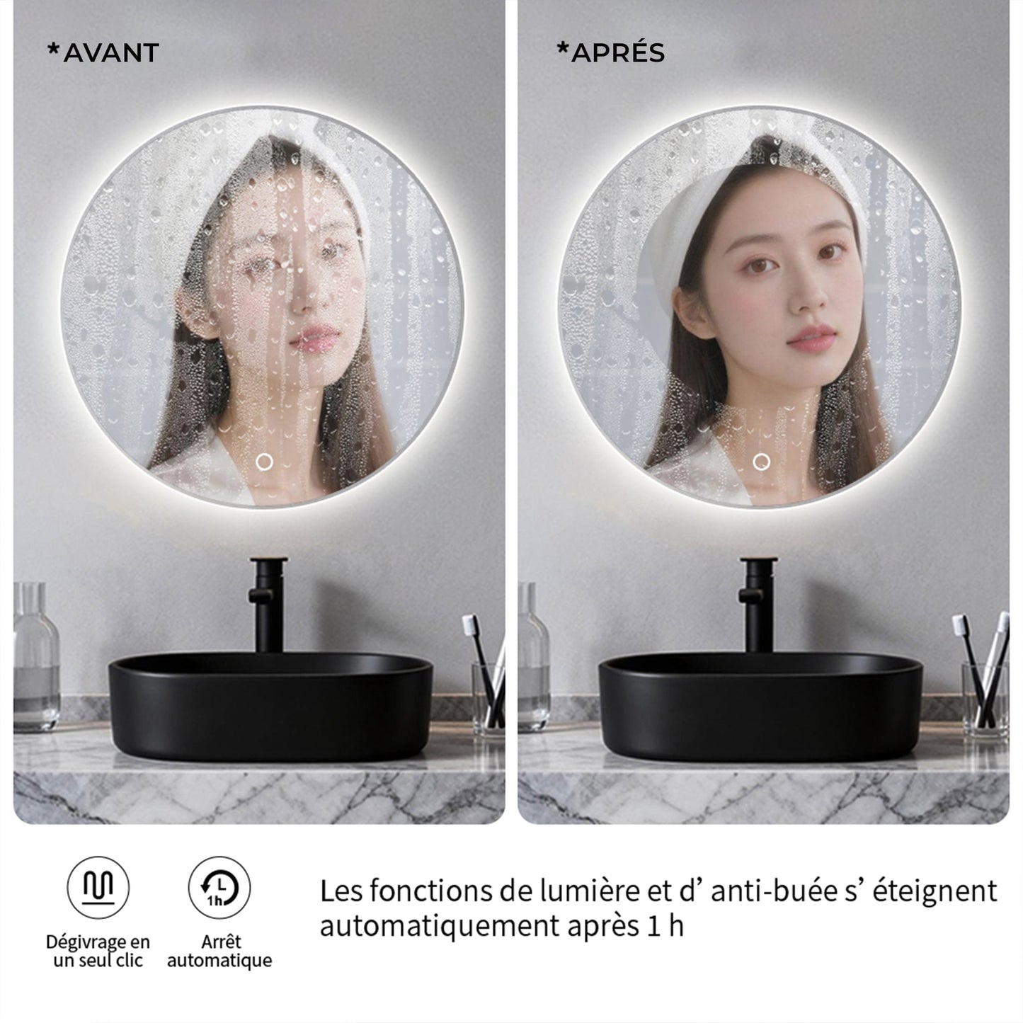 Miroir rond pour salle de bain avec lumière dimmable et 3 températures de couleur
