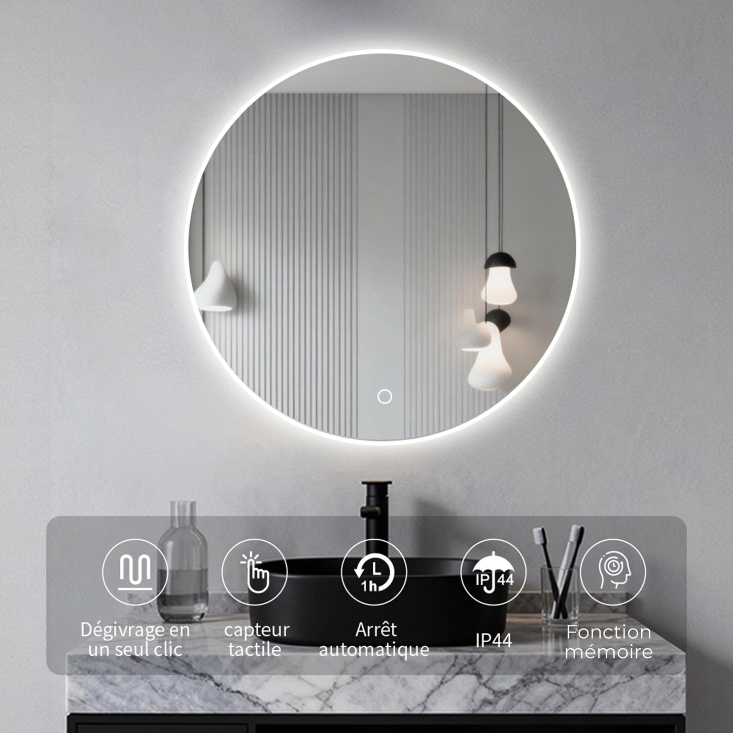 Miroir circulaire antibuée avec lumière LED à luminosité dimmable pour salle de bain