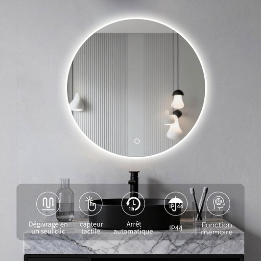 Miroir circulaire antibuée avec lumière LED à luminosité dimmable pour salle de bain