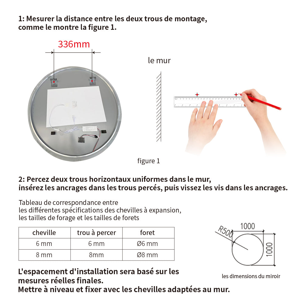 Miroir circulaire antibuée avec lumière LED à luminosité dimmable pour salle de bain