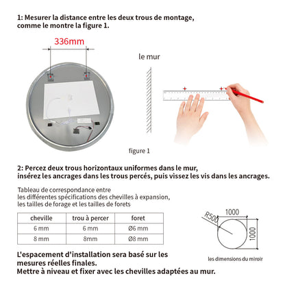 Miroir rond pour salle de bain avec lumière dimmable et 3 températures de couleur
