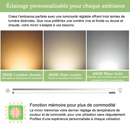 Miroir salle de bain installation réversible - température de lumière réglable