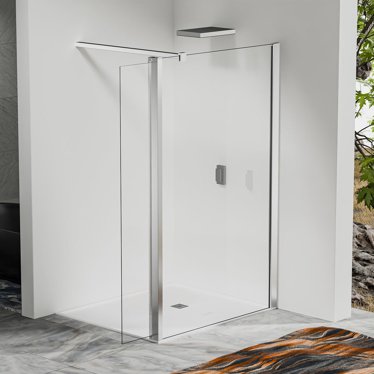 Paroi à l'italienne avec déflecteur - Barre de renfort 140cm recoupable en alu chromé