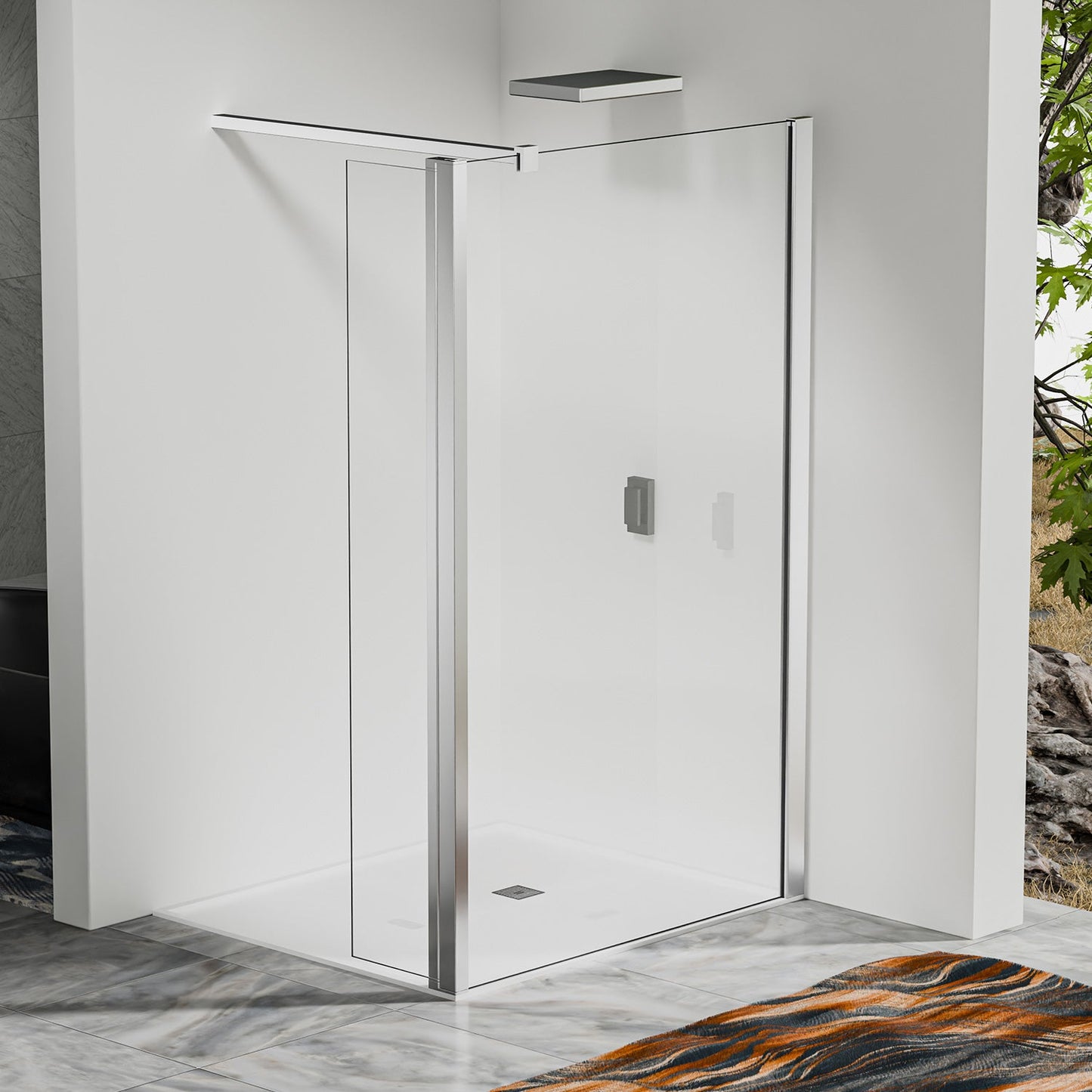 Paroi à l'italienne avec déflecteur - Barre de renfort 140cm recoupable en alu chromé