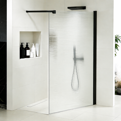 Paroi à l'italienne en verre ondulé 8mm avec profilé et barre 140cm en aluminium noir mat