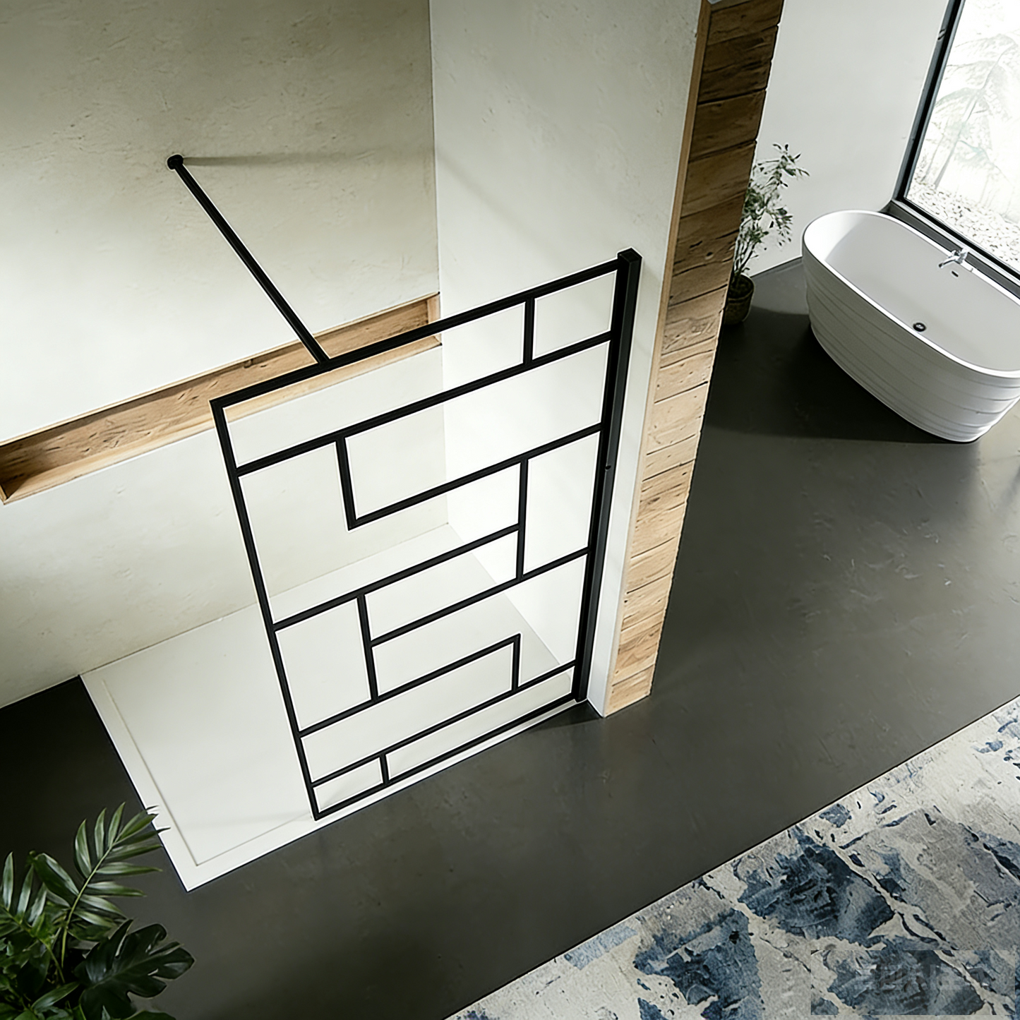 Paroi de douche à sérigraphie noire barre de stabilisation 140cm en alu noir mat