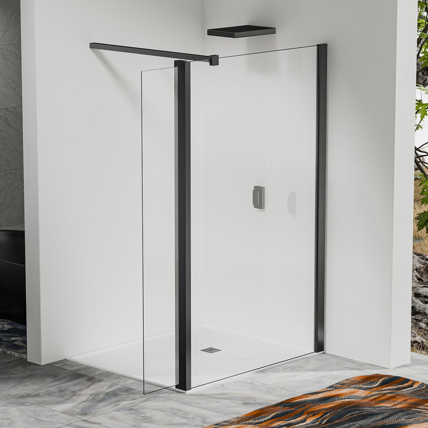 Paroi fixe avec retour pivotant - Barre de renfort 90cm - Accessoires en aluminium noir mat